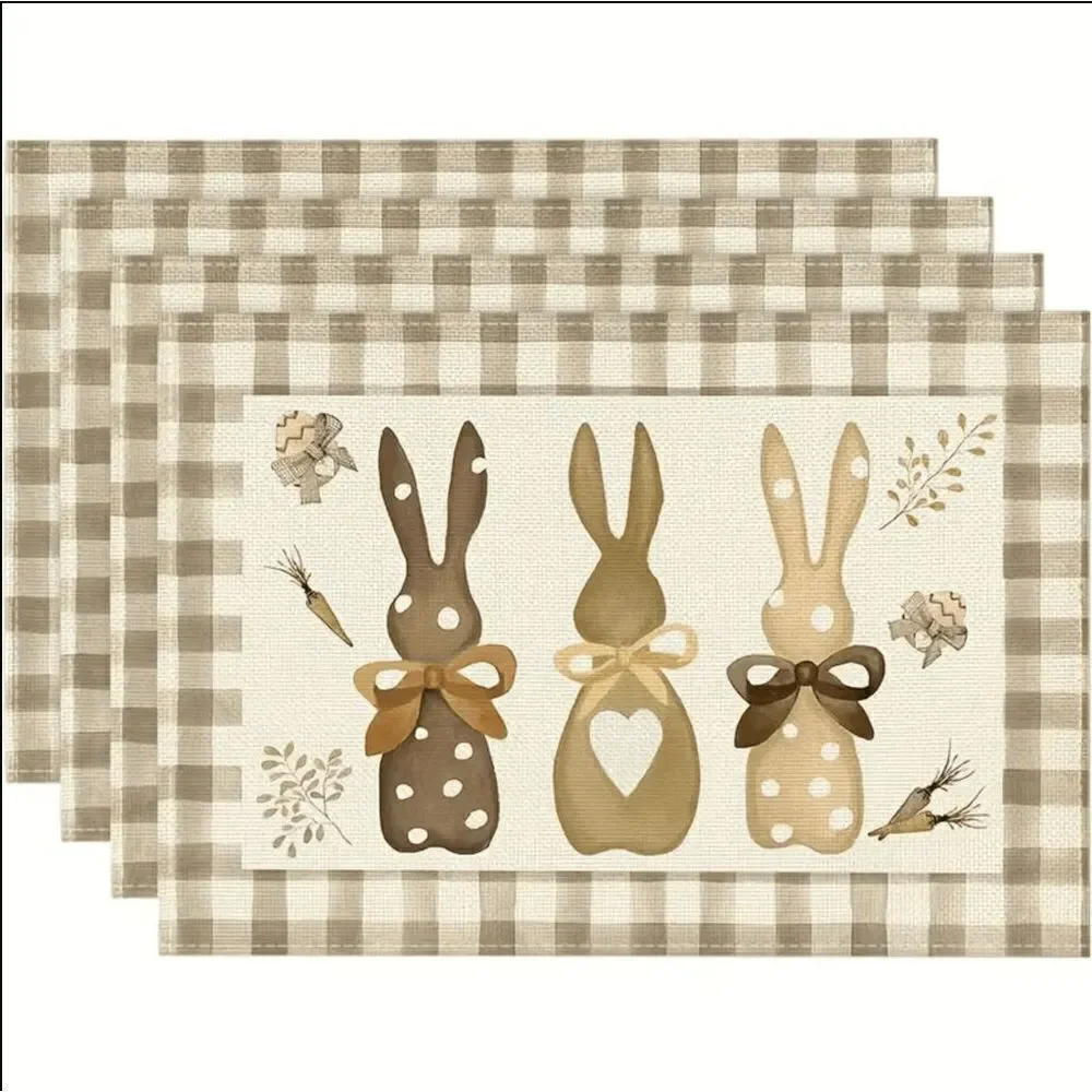 Brand New Nude Tone Linen Buffalo Plaid Easter Bunny Placemats - Set of 4